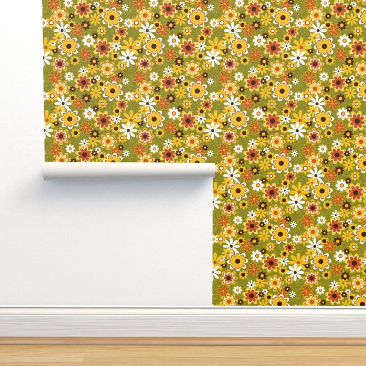 Retro Geo Flowers Flower Daisy Tangerine Vintage Floral Modern Home Decor Custom Removable Wallpaper by Spoonflower Peel & Stick Wallpaper 2FT Wide
